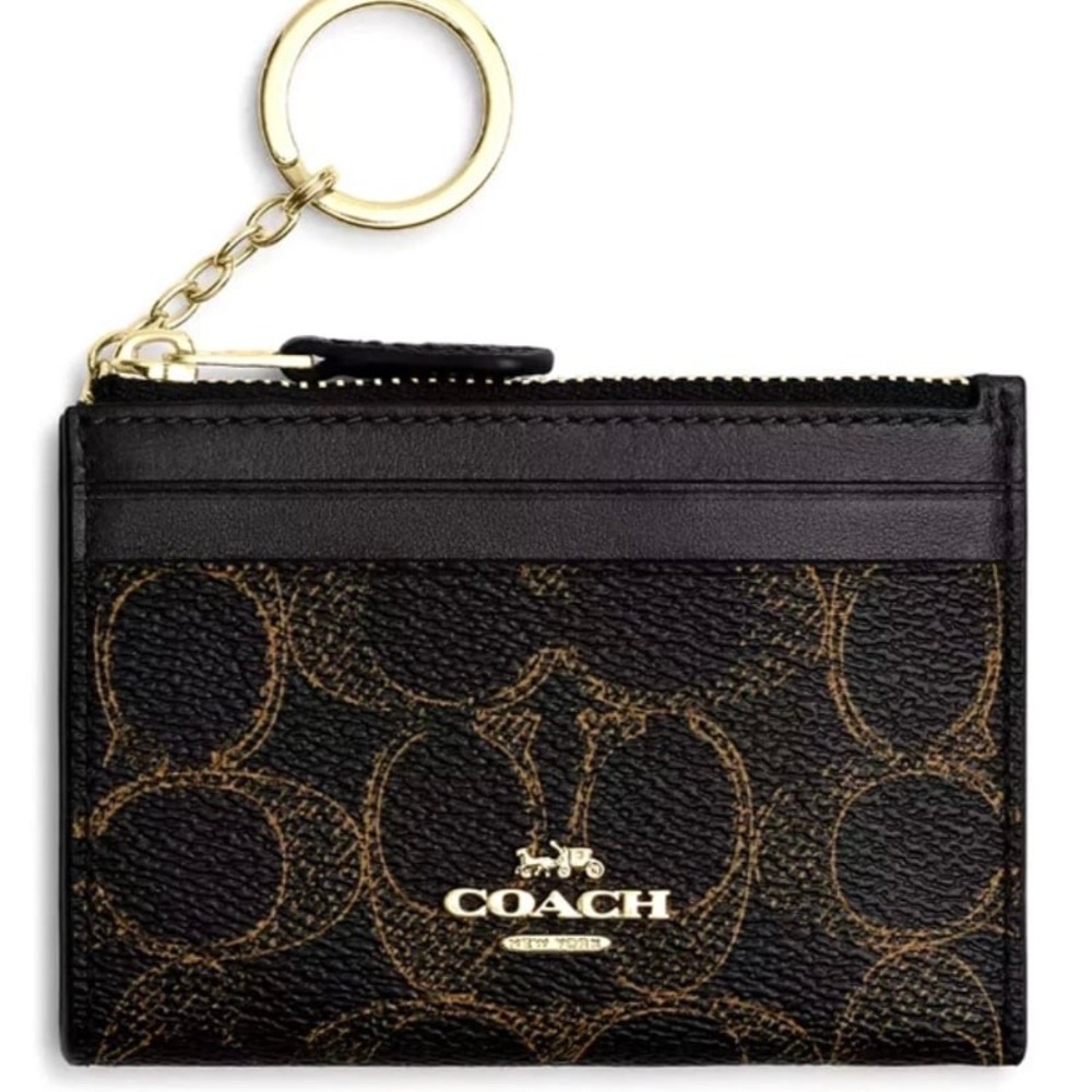 Coach Mini Skinny Loved Signature Canvas & Leather ID Card Case Gold/Brown
